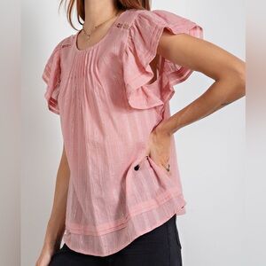 Anthro Easel | Pink Pleated, Silver Pin Stripe, Ruffle Sleeve Top | Size Large